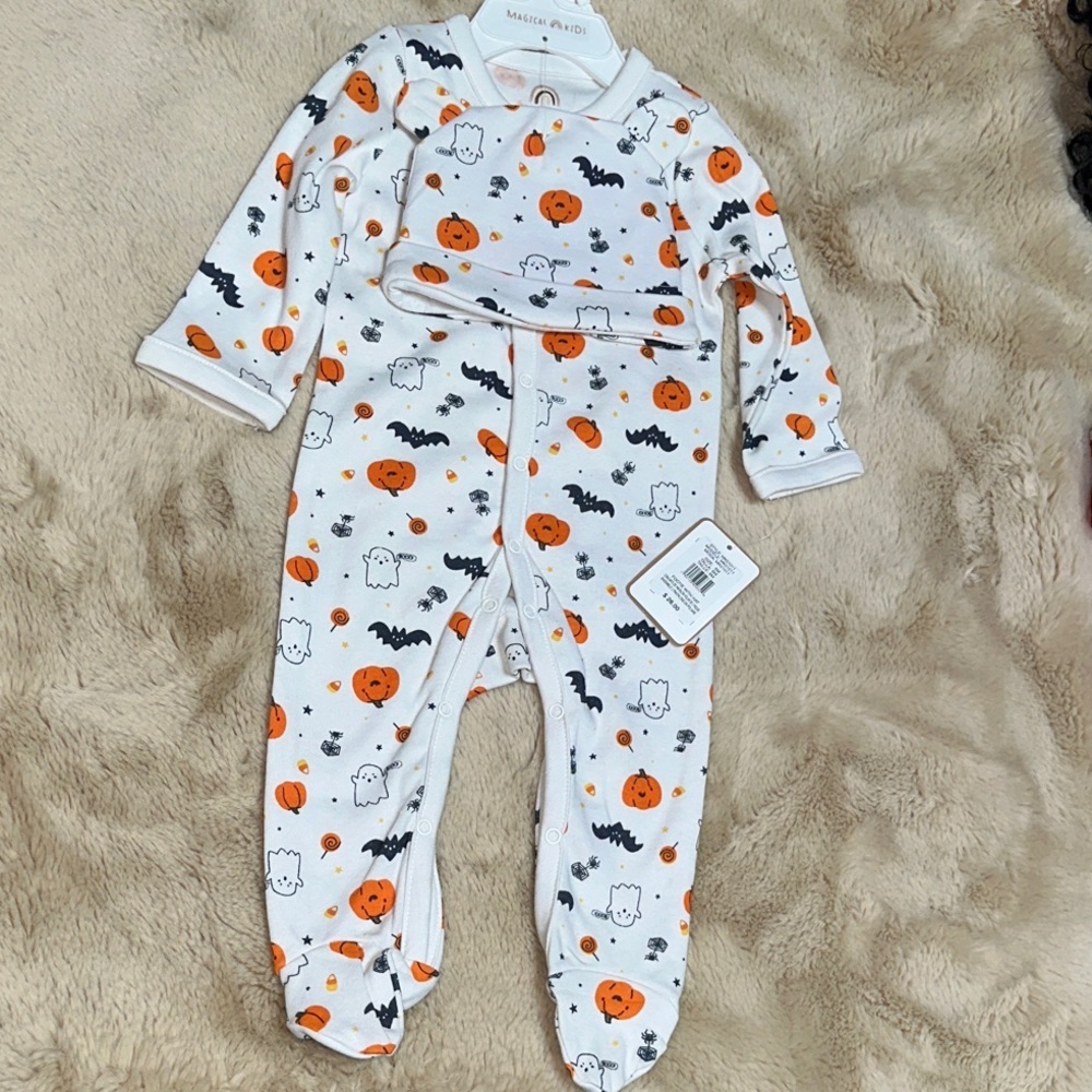NEW Magical Kids Halloween Pumpkin & Ghost Print Baby Footie with Hat